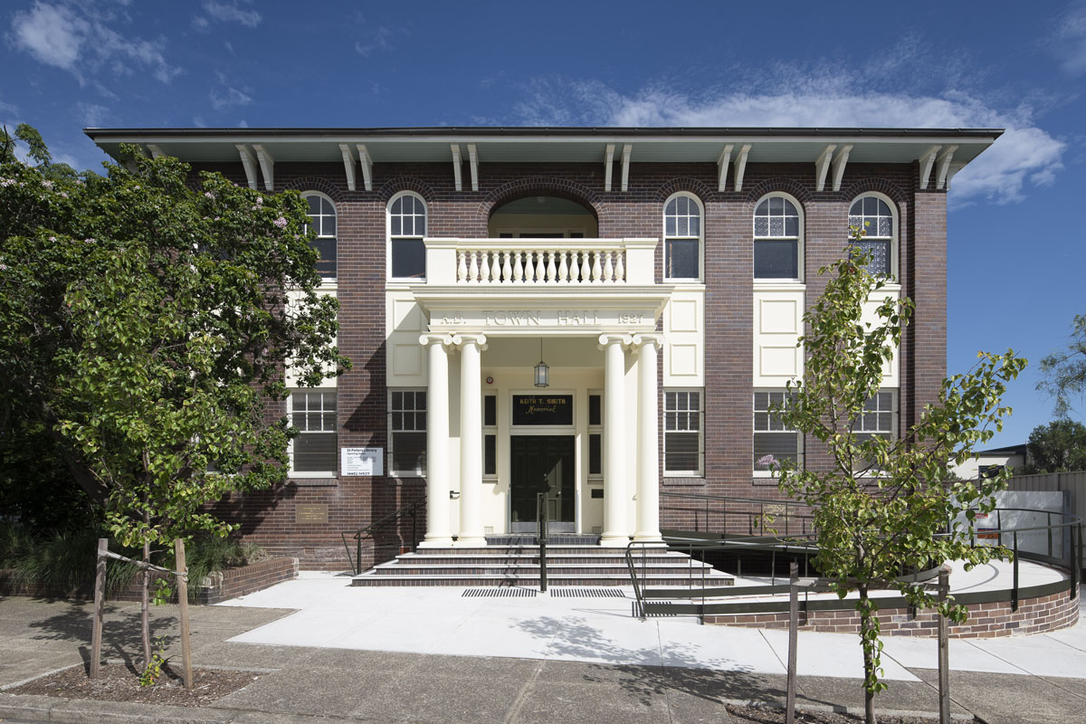 A small inner-suburban town hall with a renovated façade.