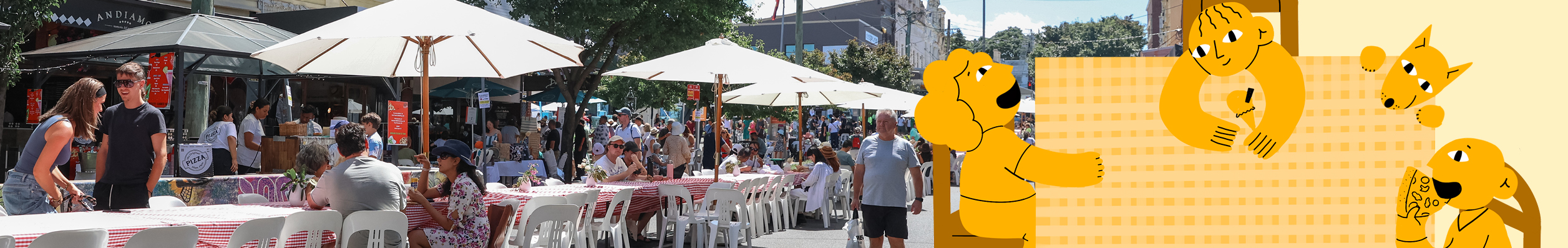 Photo of shaded tables on a sunny main street on the left, with an illustration of people gathered around a table to eat on the right. 