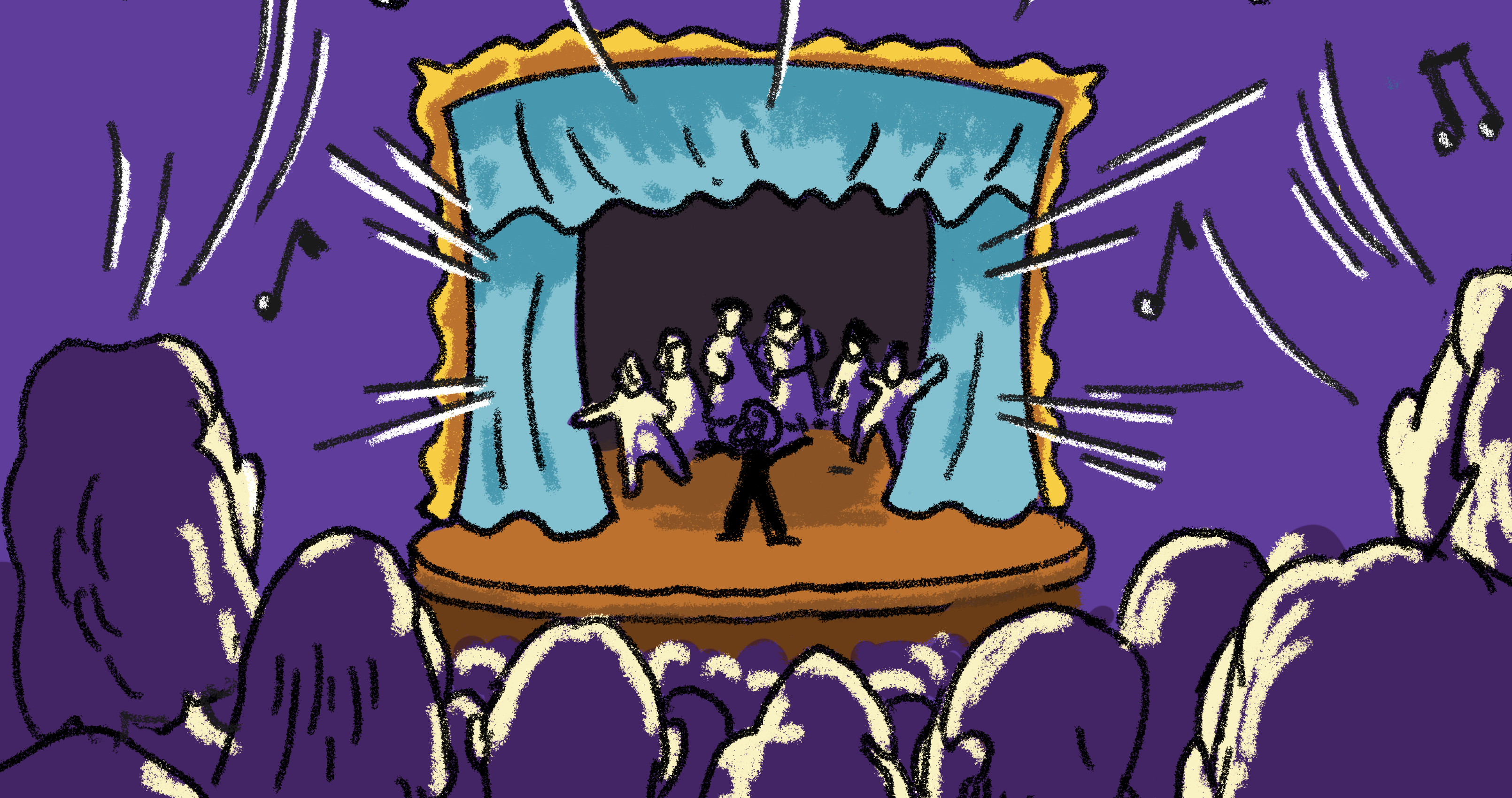 Cartoon image of group on a stage performing to an audience.