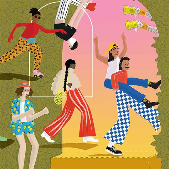 An illustration of brightly-dressed people dancing and revelling.