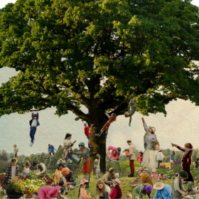 A tree with a collage of people around it