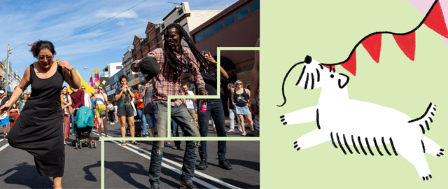 A split image with people at a street festival on the left and a cartoon image of a white dog with red bunting in its mouth on the right against a light green background.