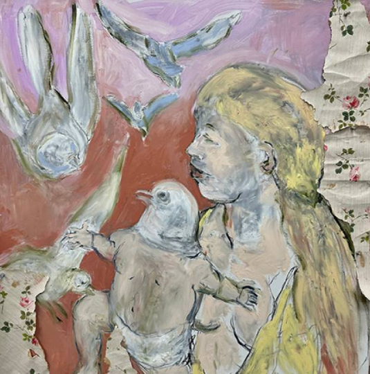 Oil paining of a figure with blonde hair holding a pigeon painted in soft pastel colours