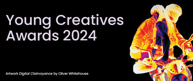 White text against black background reads: Young Creative Awards 2024. Small white text at base of banner reads: Artwirk: Digital Clairvoyance by Oliver Whitehouse. TO teh right of the banner is a striking iradesent image of two young people on a motorcycle.