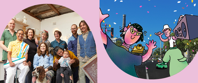 Colourful blue and frame around two photos. On the left is a group of smiling artists, on the right is a cartoon image of a young person in a bucket against a St Peters street scene