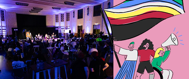 On the left is an event in a town hall. Separately, on the right are three hand drawn figures standing proudly underneath a disabiltiy pride flag against a light pink background. The person on the left wears blue striped pants and a green cap, the person in the middle is wearing black shorts and a red top and has a prosthetic limb, the person on the right is a wheelchair user wearing white pants and a green top, holding a megaphone.