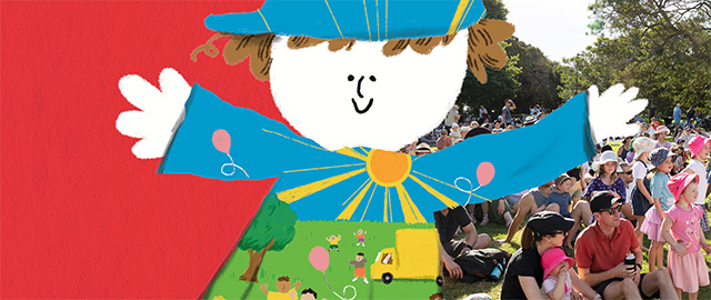 An illustration of a child wearing a colourful outfit adorned with a scene of a summer festival on a sunny day. To the right of the illustration is a photograph of a crowd of families seated in a park.