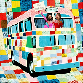 Multicoloured playful image of a bus featuring two people smiling and waving