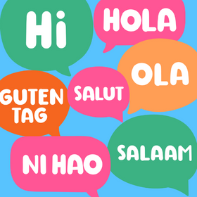 Hello in many languages inside speech bubbles