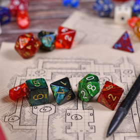 RPG game dice on hand drawn map