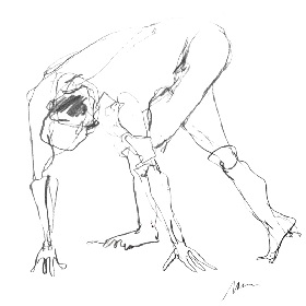 Drawing of a form in pencil or black pen, the body is doubled over with hands splaying out on the ground in front and one foot planted on the floor the other the heel is slightly risen, the drawing is simple lines and looks like the pen has not been taken off the paper