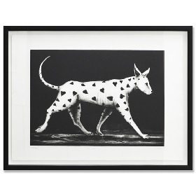 A framed black and white painting, drawing or etching of a white slim dog with point ears and an upwards curved thin tail, the dog has black heart shaped shapes on all of its body and a white face, the background is black