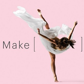 Photo of cropped image, dancer with long hair and white dress bends doubled over in artistic dance pose, baby pink background and writing to left says Make