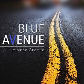 Yellow sweeping line on road curves through middle of photo, looks to be over a black tar gravel road surface, white font words to left of image read Blue Avenue - Avante Groove with a electric Blue V in the word Avenue