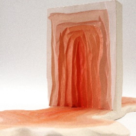 A 3d artowork, a rectangular shape sits on a more fluid organic shape that just out in front and a little at the back, there are colours and deep lines which can be seen on both shapes in a mirror like pattern, the shapes start with white and graduate to deep orange in the centre, the deep lines etched into the shapes correspond with the colour change