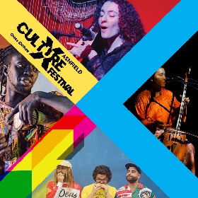 A collage of 4 images of culturally diverse musicians a large X is illustrated over the images and is bright aqua blue, yellow and green