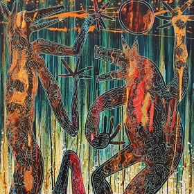 Painting of dog like creatures on hind legs x 2, etched paint on bodies of Aboriginal symbols, sun or moon in background, splattered orange paint, blues and greens and yellows