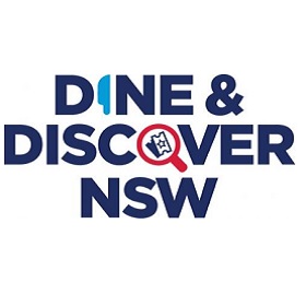 Promotional Dine and Discover NSW logo words include a knife for the I in the word Dine and a magnifying glass and movie ticket in the O of the word discover writing is blue and magnifying glass and movie ticket red