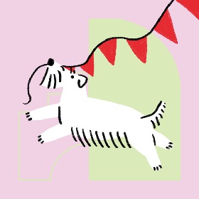 Promotional image for Dulwich Hill Festival, illustration of a dog (black outline) jump[ing up and grabbing some re bunting in its mouth, the dog is on a pink background and there is a pistachio green arch layer ontop of the pink background