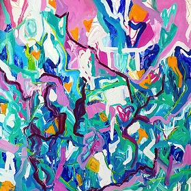 Abstract painting green, purples, blues, whites, yellows squiggly lines