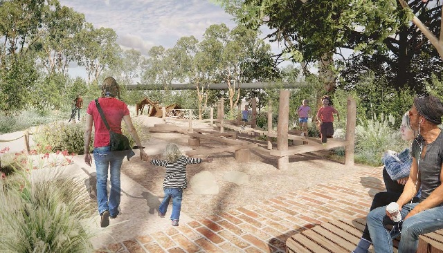 Illustration, interpretative artists impression of Gadigal Reserve on the GreenWay, slightly washed out image an adult holds a childs hand and three kids run in the background, two people sit watching on the right hand side, the setting is leafy and green