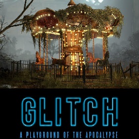 Photo of a lit up carousel with golden light against a foggy dark background, the image has a spooky feel to it, there are blue outlined words below that read GLITCH a playground of the apocalypse 