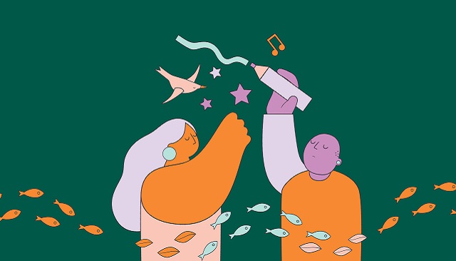 Illustration by Kim Siew for EDGE GreenWay, an illustration of two people, one has orange skin and long mauve hair, and reaches up to a set of purple stars above their head, a coral colour bird also flies overhead, the other person has purple skin and a shaved head, they hold a pencil reaching up close to the other persons hand, some orange fish jump at the bottom of the image, the background is dark green 