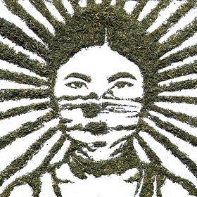 Image made of cut green grass pictures a masked person with sun like rays appearing behind the head (also made of grass)