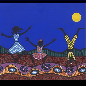 Painting by Bronwyn Bancroft, three women with black skin dance on a patterened style earth that has shapes made out of dots, large oval type shapes sit horizontally with a dividing balck and white curving line separting another area of oval shapes with an orange background. In tha background is a patterned burnt orange and black semi circle repeated pattern, in the very background are hill shapes with green and black diagonal lines and a blue sky and yellow round sun. The first two women look to be dancing with arms outstretched and knees bent wearing dresses the third does a hand stand - there are no features on the women\