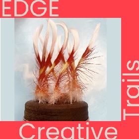 Little Majestic promotional image for Creative Trails, photo of what looks like a round chocolate cake with a handfull of feather poked into the top, the featers are whispy at the bottom and red and white then smoother and red and yellow and finally white at the top and smooth