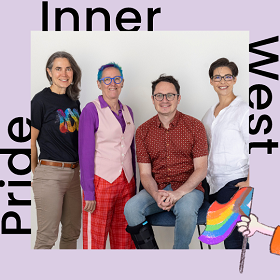 A group of people are posed in front of a white background. The banner text reads pride inner West. 