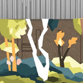 A graphic design of some trees on a brick wall