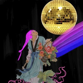 Gold disco ball, illustration of person with pink hair Asian inspired gown and pink cloud outline