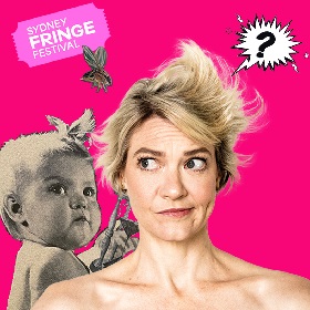 Illustration, a collage of a cut out colour photo of a woman (the main actress), her short blond hair stands up on end, she is making sideways eyes and a bit of a puzzled expression on her face, in the background is a large question mark in a comic like shape, a little golden bee, a cut out photo of a baby from and old newspaper and a timer 