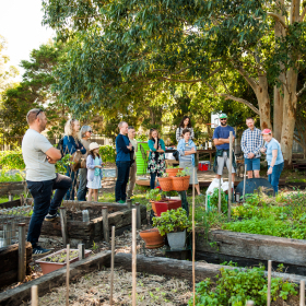 People standing around in a garden