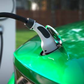 Close up on an electric charger charging a bright green car