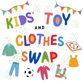 Graphic design with Kids toy and clothes swap and drawn pictures of clothes toys and bunting