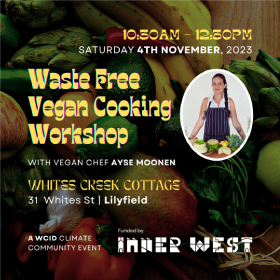 invitation to attend vegan cooking workshop including photo of chef standing behind bench filled with fresh produce