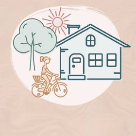 Graphic of a house with a woman on a bike out the front