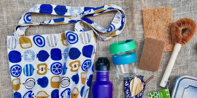 Cloth bag, water bottle, reusable cup and other plastic free items