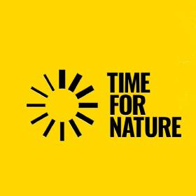 Yellow square with black circle and words Time for Nature