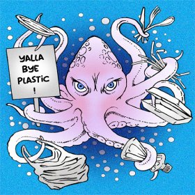 Cartoon image of octopus holding plastic and sign