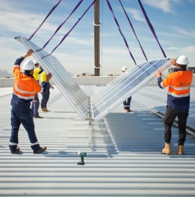 Men moving solar panels onto roof