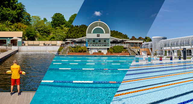 Three aquatic centres, image of each centre showing outdoor pools with lane ropes and buildings