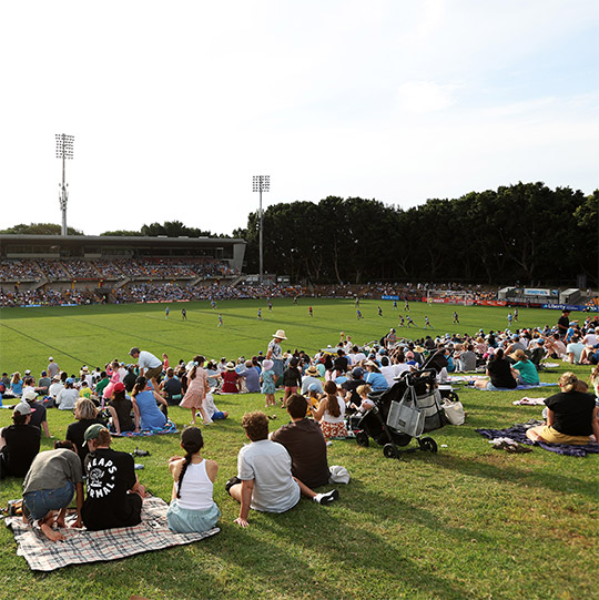 A relaxed crowd on a grassy hill, watching a game at a suburban rugby league stadium.