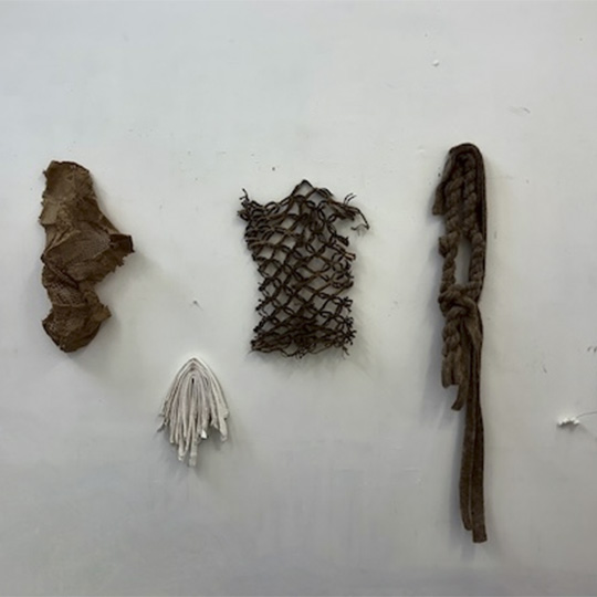 Various items of mixed media affixed to a plain art gallery wall.'