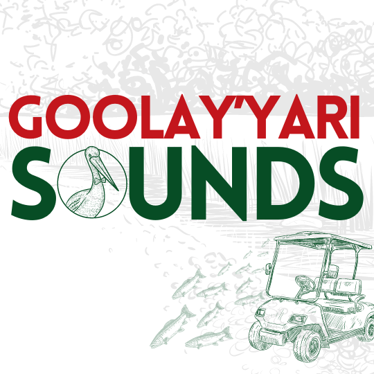 An illustration of a golf cart next to the text 'Goolay-Yari Sounds'