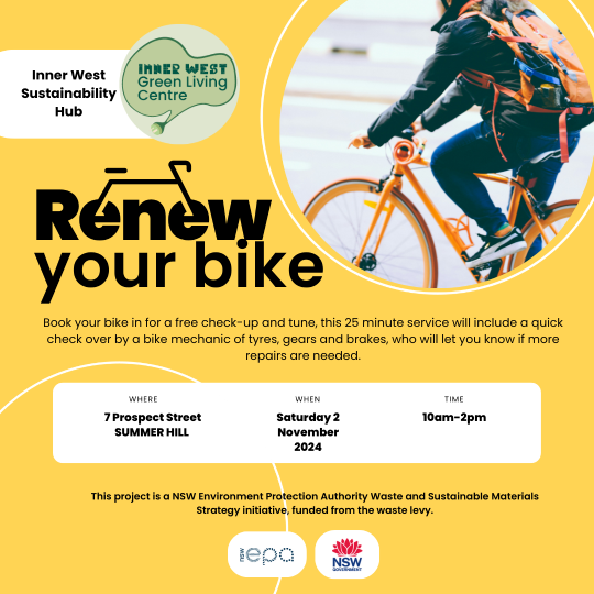 Black text against a yellow background reads Renew Your Bike. A circular frame in the top right shows two people riding pikes