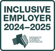 Inclusive Employer Diversity Council Australia Endorsed Stamp in green font with the Diversity Council Australia Logo which is three overlapping rectangular fabrics in different textures depicting the profound tapestry of diversity