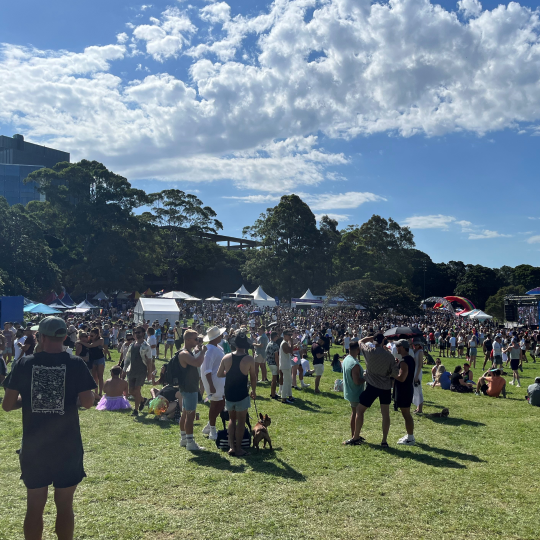 Crowd walking on a grass hill on a sunny day. Stalls are in the distance